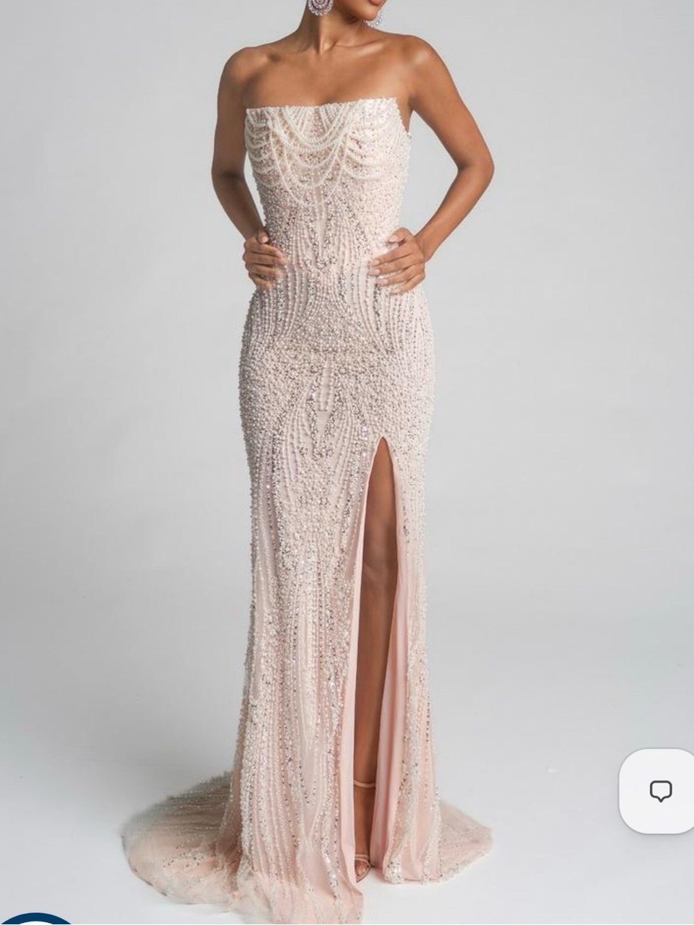 Portia and Scarlett Blush Pink Strapless Beaded Evening Gown with Front Slit